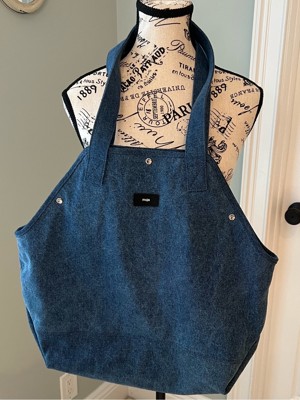 Maje Blue Denim Chambray Tote Bag | Small Discoloration on one side of Bottom